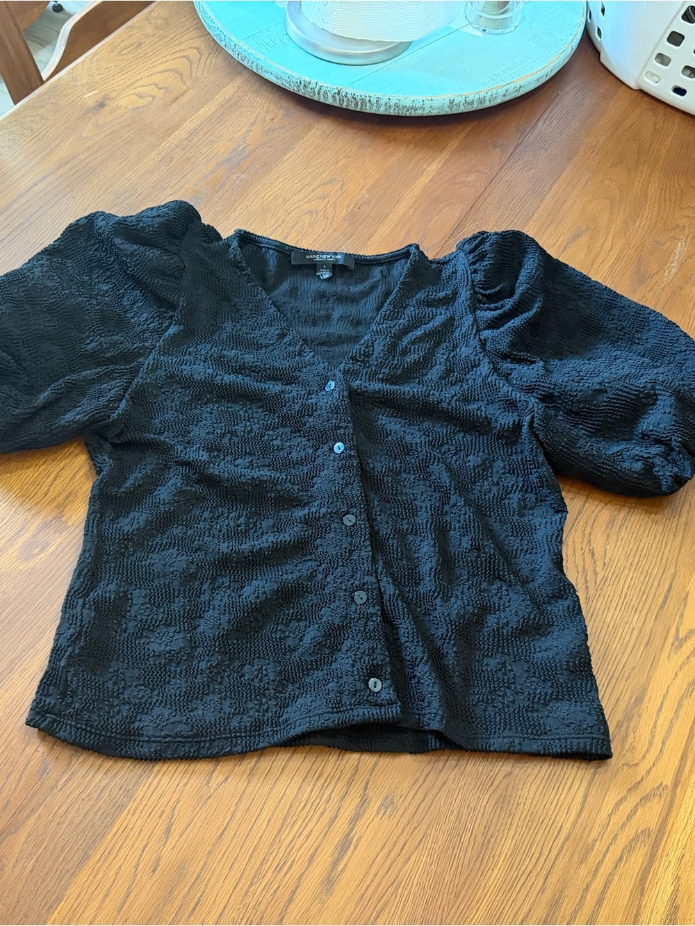 Marc New York Black Textured Puff-Sleeve Button Front Top
